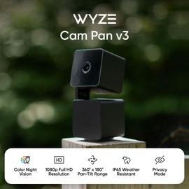 WYZE Cam Pan v3 Indoor/Outdoor IP65 1080P 360° Pan/Tilt/Zoom WiFi Smart Home Security Camera, Motion Tracking for Baby/Pet, Color Night Vision, Works with Alexa&Google Assistant, Free Expert Setup