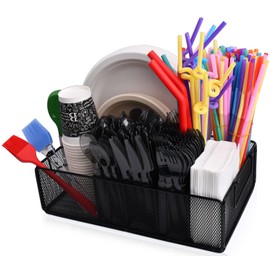 Paper Plate Organizer For Kitchen Countertop, Metal Silverware Caddy With 6 Compartments For Plate, Cup, Napkin, Paper Plate And Utensil Holder Caddy For Barbecue,Party, Camping, Picnic (BLACK)