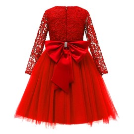 Flower Girl Dress Long Sleeves Lace Top Tulle Skirt Girls Lace Party Dresses (Size 6,Red)