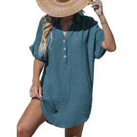 CUPSHE Womens Shirt Coverups Collared Buttoned V Neck Summer Beach Mini Dress Tunic Long Blouse Peacock Blue S