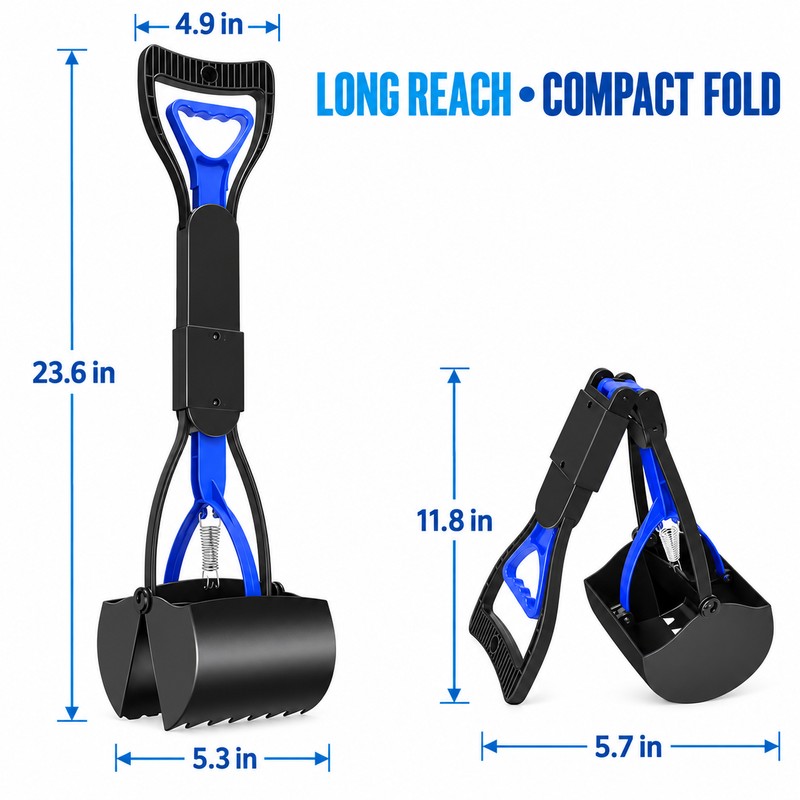 23.6-Inch Folding Dog Pooper Scooper with Long Handle, Spring-Loaded Claw