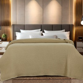 Bed Bath & Home Waffle Texture 100% Cotton Blanket - Ideal for Home Decor & Snuggle - Soft Cozy Breathable Lightweight Layering All Season Thermal Blanket Queen (90 x 90 Inches) Khaki