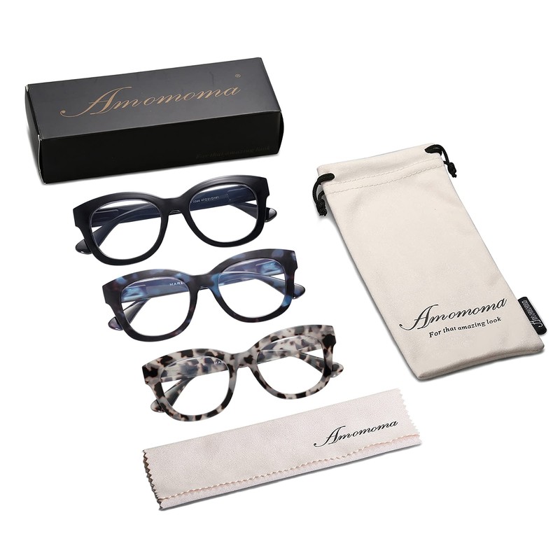 AMOMOMA 3 Pack Retro Oversized Reading Glasses for Women Blue