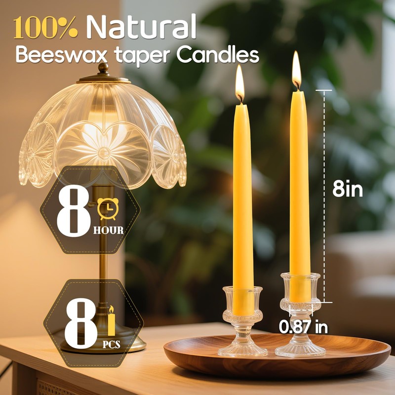 8 in Beeswax Taper Candles,8 Pack Dripless Pure Beeswax Candle