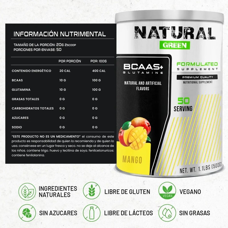 Bcaas Glutamina Aminoácidos Natural Green 500g Sabores