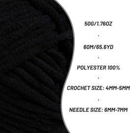 Plush Chenille Chunky Crochet Yarn - Baby Yarn for Crocheting Soft - Velvet Yarns Knitting for Blankets Crafts - Fluffy Amigurumi Yarns 50g / 65.6yd (Black)