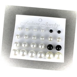 White Cream Black Earrings 12 Pair Set Pack Graduated Faux Pearl Bead Stud Post Adorable Statement Jewelry Earrings for Women