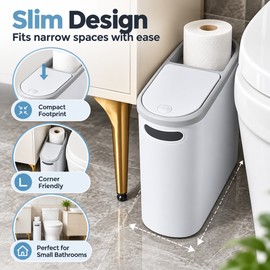 Slim Trash Can with Press-Top Lid for Small Spaces – 12L Narrow Waste Bin for Kitchen, Bathroom, Bedroom & Home