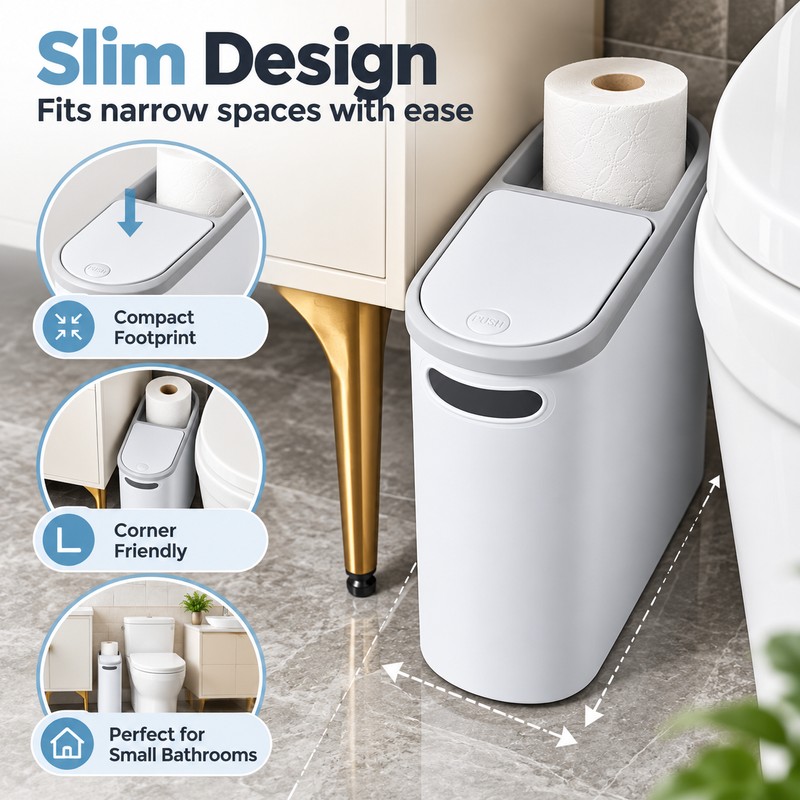 Slim Trash Can with Press-Top Lid for Small Spaces –
