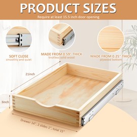 Menkxi 2 Set Pull out Tray Cabinet Organizer Wooden Pull Drawers storage Slide out Pantry Shelf for Base Cabinet Kitchen Gentle Close Fully Assembled Accessories(Wood Color,15'' X 21'' X 3'')