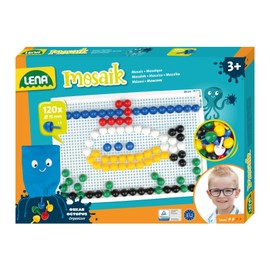 Lena 35629 Mosaic Plug-In Game Set, Mosaic with 120 Plugs, Mosaic Plug Diameter 15 mm, Mosaic Game for Children, Complete Set with Pegboard Approx. 28 x 19.5 cm and Organiser, Colourful,