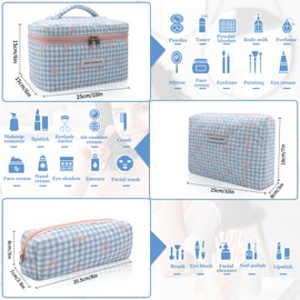 3pc Makeup Bag Set, Quilted Makeup Bag Set, Large Floral Cosmetic Bag for Women, Cute Cotton Makeup Bags, Flower Travel Toiletry Organizer Bag (Blue Plaid Bow)