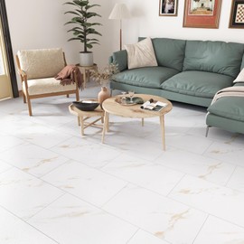 STICKEEP Gold and White Peel and Stick Vinyl Floor Tile 15 PCS Self Adhesive Linoleum Flooring Roll for Kitchen Bedroom Bathroom Floor Tiles Waterproof Stick on Tile Floor 12 x 24 in