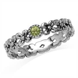 Silvershake 925 Sterling Silver Flower Floral Stack/Stackable Solitaire Eternity Band Ring Jewelry for Teens or Women, 6, Sterling Silver Rhodium/White Gold & Antique Finishing, natural green peridot