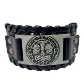 AB Viking Crafts Vikings Viking Bracelet Thor's Hammer Mjölnir with Odin's Wolves in Rune Circle Leather Metal Black Silver, Leather