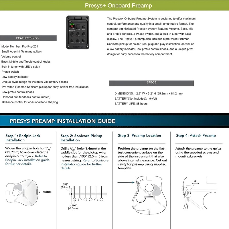 Acoustic Guitar Preamp Pickup with Tuner