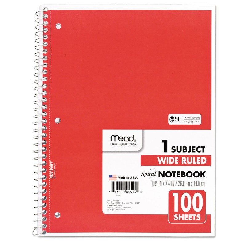 Mead Spiral Notebook, 1 Subject, Wide Ruled Paper, 100 Sheets,