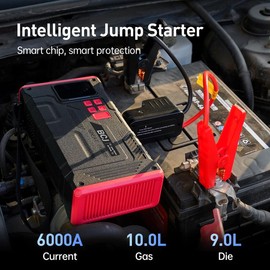【5-in-1】6000A BCJ Portable Car Battery Jump Starter with Air Compressor(10L Gas/9.0L Diesel), 12V 150PSl Digital Tire Inflator, LED Light