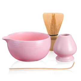 4pcs Matcha Whisk Set, Matcha Kit, Matcha Whisk and Bowl, Matcha Whisk Holder, Spout, Matcha Tea Set, Pink Matcha Set for Matcha Tea Ceremony