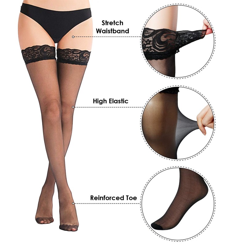 Boao 6 Pairs Women Thigh High Stockings Silicone Lace Top