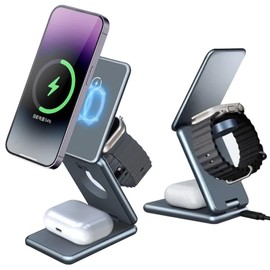 3-in-1 Magsafe Wireless Charger, Foldable, Convenient for Travels, Business Trips, Can Charge Smartphones, Watches, Earphones, Etc., Uses Metal Body