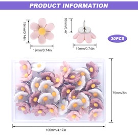 Flower drawing pins for cork board, pack of 30 pins, push pins, decorative drawing pins for pin boards, cork boards