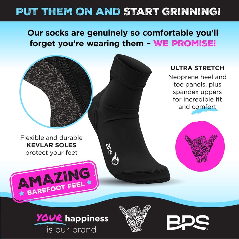 BPS 'Piha' Water Socks (Black with Rubber Grip Soles, Medium)