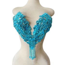 Pure Handmade Rhinestone Fringe Patch Trim Crystal Beaded Applique for Sewing Crafts Wedding Party Decoration Bridal Dress Accessories 14.5X14inches (Sky Blue)