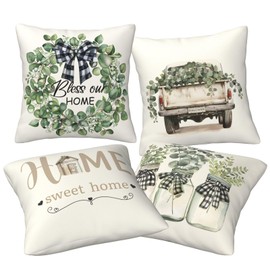 Green Eucalyptus Leaves Buffalo Plaid Check Truck Vase Throw Pillows Cases Home Sweet Home Spring Summer Pillow Covers Set of 4 Modern Farmhouse Cushion Covers for Bed Sofa Couch Decorations 18"X18"
