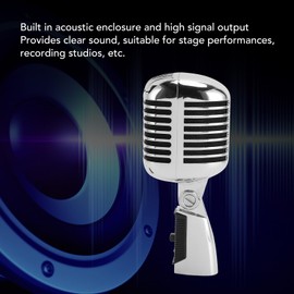 Retro Style Dynamic Microphone, Cardioid Vintage Mic with Zinc Alloy Body, Self Tensioning Rotating Rack, for Stage, Studio, Performances (Silver)