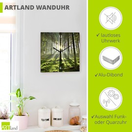 ARTLAND T5SV Wall Clock without Ticking Noises Aluminium Quartz Clock 30 x 30 cm Square Silent Nature Design Forest Sun Country House