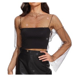 JASGOOD Rhinestone Shiny Mesh Body Chain Tops for Women Sparkling Bikini Crop Top for Night Club Party Festival, Black long sleeve