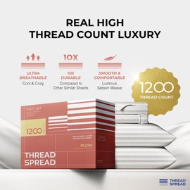 THREAD SPREAD Egyptian Cotton Sheets King Size - 1200 Thread Count 4 PC Damask Sheet Set Egyptian Cotton, Luxury Sheet King Size, Soft, Cooling Deep Pocket Sheets, Fits Upto 19" - White Stripe