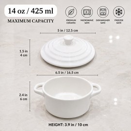 Mini Dutch Oven Set of 4, 14 oz Ceramic Mini Dutch Ovens with Lids and Handles, Ramekins with Lids for French Onion Soup, Pot Pies, Soufflés and Baked Desserts, Oven Microwave Dishwasher Safe, Mini Cocotte, White