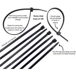 PTI Cable Zip Ties Black Heavy Duty 100mm x 2.5mm 100 Pack, Tie Wraps, Cable Tie, Twist Wire, Long Thick Strong Zipties Self-Locking Strong Nylon