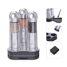 COSPRO Electric Salt and Pepper Grinder Set of 3 with Wireless Charging Base | Rechargeable Automatic Pepper Mill | Stainless Steel | One-Hand Use | Adjustable Coarseness | Easy Clean | Kitchen Gift