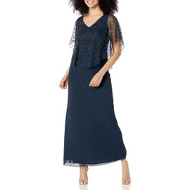 J Kara Women's Beaded Capelet Long Dress, Navy/Mercury, 4
