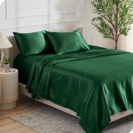 Bare Home Luxury Poly Satin Sheet Set for Hair, Skin, Soft and Smooth Satin, Breathable, Similar to Silk, Deep Pocket up to 15”, 1 Fitted and 1 Flat Sheet, 1 Std. Pillowcase (Twin, Forest Green)