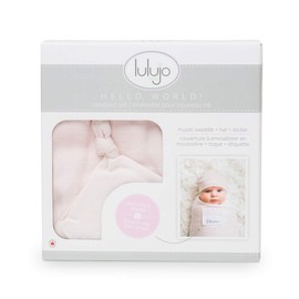 Lulujo Birth Announcement Hat & Swaddle Blanket Set| Unisex Softest Bamboo Muslin Baby Swaddle Blanket| Receiving Blanket | 47in x 47in| Bamboo Knot Hat | Hello! Birth Announcement Sticker Pink