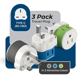 OREI - Adaptador de enchufe de alimentación de Dubai con 2 entradas de Estados Unidos, paquete de 3 viajes, tipo G (US-7), uso a tierra seguro con fusibles protegidos, con teléfonos celulares, laptop, cargadores de cámara, CPAP y más