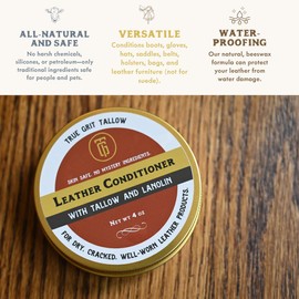 True Grit Tallow Natural Leather Conditioner, 4 oz, Grass-Fed Beef Tallow and Lanolin Formula with Cedar Oil for Boots, Bags, Furniture