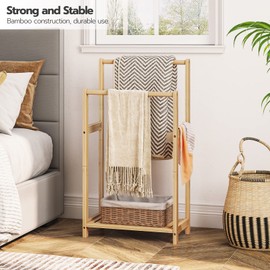 HOOBRO Freestanding Towel Rack for Bathroom, 2 Tier Decorative Bamboo Blanket Rack, Quilt Display Stand with Storage Shelf, 16.5" L x 9.4" W x 30.5" H, Bedroom, Living Room, Natural Color YL02LB01