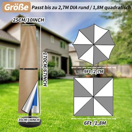 wiipara Parasol Protective Cover with Rod, Parasol Cover for Parasol 1 to 2 m, Cantilever Parasol Protective Cover, UV Protection, Weatherproof, Windproof and Snow-Proof, Khaki, 170 x 25/35 cm