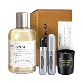 Stallion 53 For Unisex 3.4 oz EDP Spray Eau de Parfum - Gift Set Pack with Scented Soy Candle and Empty Travel Perfume Atomizer