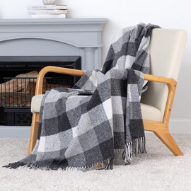 Ukrainian Wool Fringed Throw Blanket Soft Cozy Warm Lightweight Plaid Design 55 x 78 Elegant Home Decor Made in Ukraine (Gray & White)