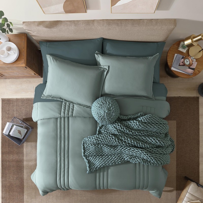 Monbix Queen Comforter Set - 7 Pieces Sage Green Bed