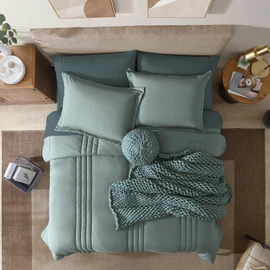 Monbix Queen Comforter Set - 7 Pieces Sage Green Bed in a Bag Queen Bedding Sets with Comforters, All Seasons Comforter Bed Set with Sheets,Pillowcases & Shams