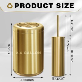 Maxdot 2 Pcs Small Gold Bathroom Trash Can with Flipping Lid and Toilet Brush Set 2.6 Gal/10 L Stainless Steel Garbage Can for Office Living Room Kitchen Bedroom Hotel, Toilet Brush with Holder