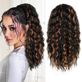 ALXNAN Wavy Curly Ponytail Extension, 18" Black With Highlights Drawstring Ponytail for Black Women Short Soft Natural Synthetic Hairpiece Thick For Daily Use