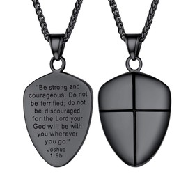 U7 Armor of God Necklace Men Black Rope Chain Joshua 1:9 Quote Motivational Shield Pendant with Chain for Teens